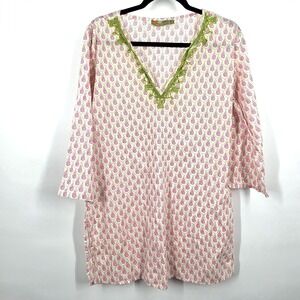 Rock Flower Paper Tunic Top Green Botanical Tunic 3/4 Sleeve Swim Cover L Cotton